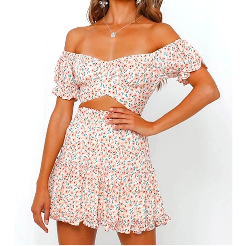 SHEIN White Pink Floral Crop Top and Skirt Set size Small